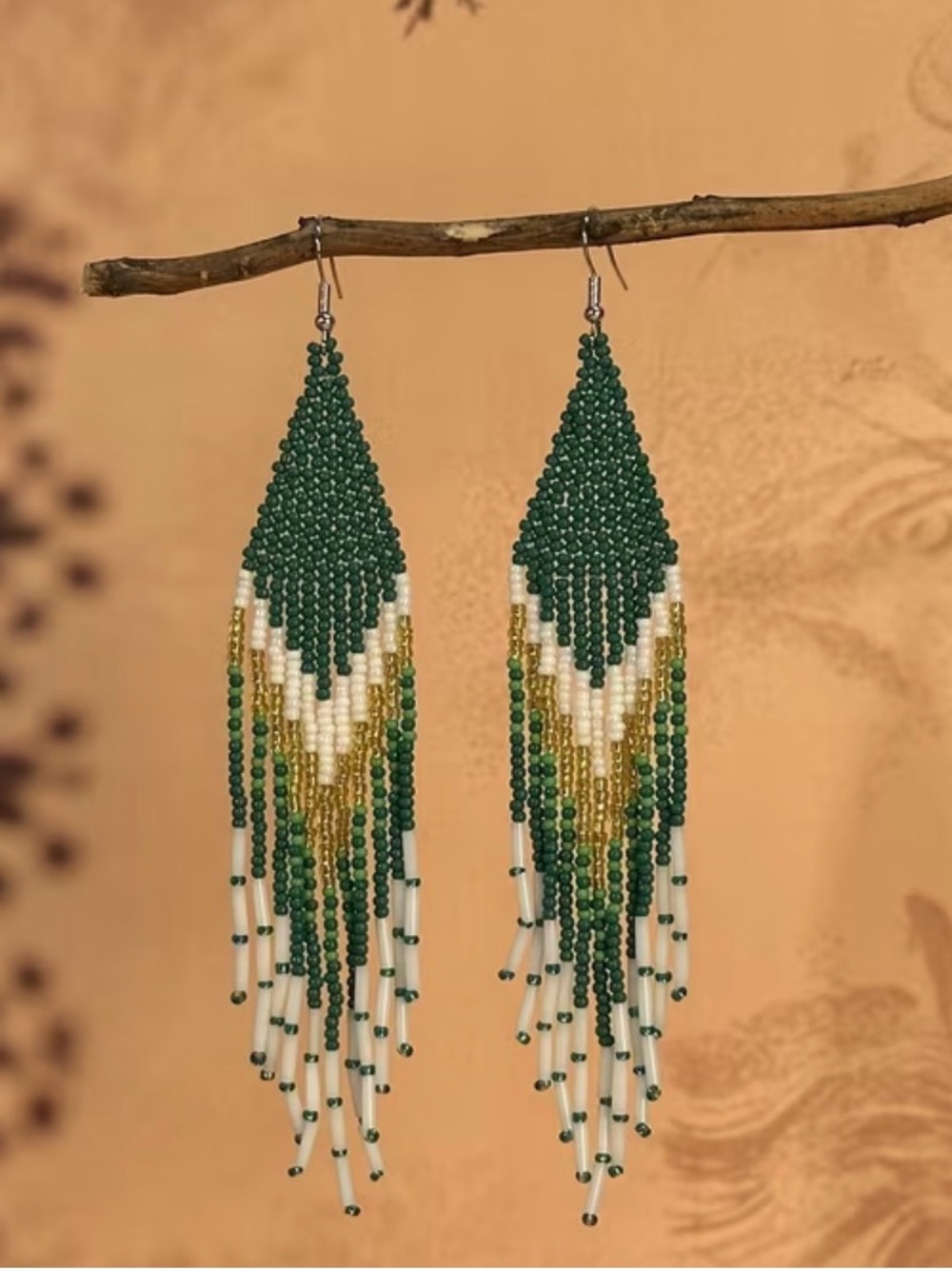 Handmade Green, White & Gold Beaded Fringe Earrings
